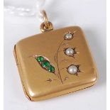 An Art Deco 9ct gold emerald and seed pearl set picture locket, 3.4g, 20mmCondition report: One