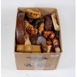 A box of miscellaneous items, to include reproduction carved boxwood and resin netsuke, perpetual