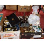 Two boxes of miscellaneous items, to include two Royal Copenhagen figures of birds (both chipped), a