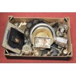 A box of miscellaneous metalware, to include silver plated tankard, silver plated photo frames,