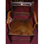 A 19th century Mendlesham type elm and fruitwood panel seat elbow chair; together with two near-