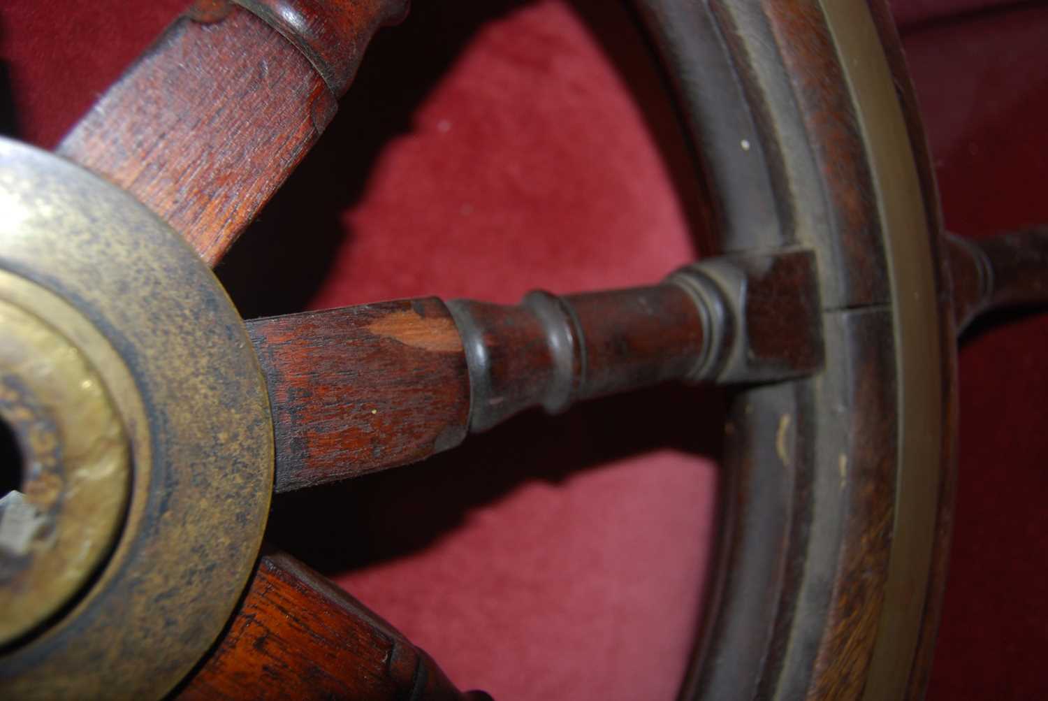 An oak and mahogany brass bound ships wheel, dia.75cmCondition report: UK Shipping on this lot £25 - Image 3 of 4