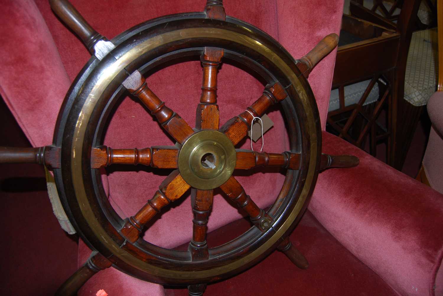An oak and mahogany brass bound ships wheel, dia.75cmCondition report: UK Shipping on this lot £25 - Image 4 of 4