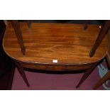 A 19th century mahogany, rosewood crossbanded and strung D-end fold-over card table, w.89cm