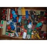 Two boxes of mixed playworn diecast to include Corgi, Dinky and various other makes