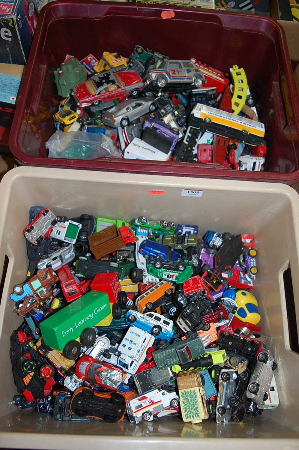 Two boxes of mixed modern issue diecast to include Matchbox, Corgi, and various other makes