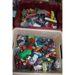 Two boxes of mixed modern issue diecast to include Matchbox, Corgi, and various other makes