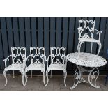 A white painted galvanised metal circular garden table, together with a set of four white painted