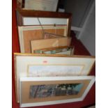 A box of assorted pictures, prints, to include churches, wild flowers, watercolour, etc