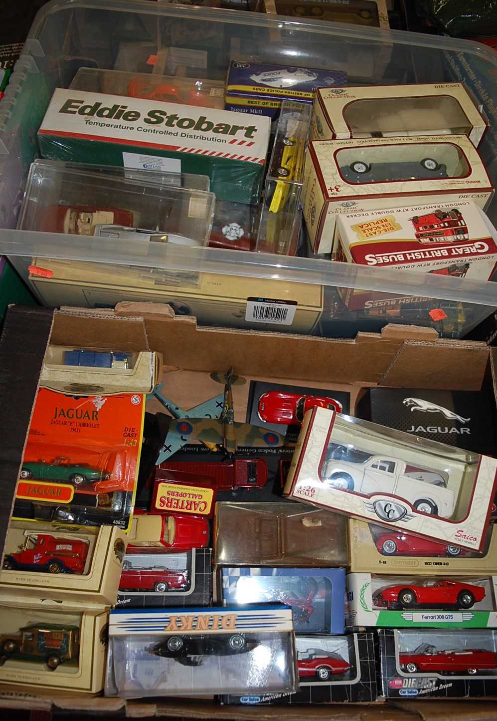 Two boxes of mixed modern issue diecast to include Dinky, Models of Yesteryear, Eddie Stobart, and