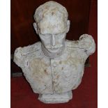 A painted and reconstituted garden pedestal bust of an admiral (with significant wear and losses),