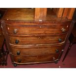 A 19th century mahogany, crossbanded and ebony strung bowfront chest of four long drawers on bun