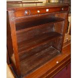 A 1920s beaded oak low freestanding open bookshelf, w.91.5cm