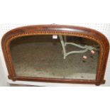 A Victorian figured walnut and inlaid arched overmantel mirror, 52x88cm