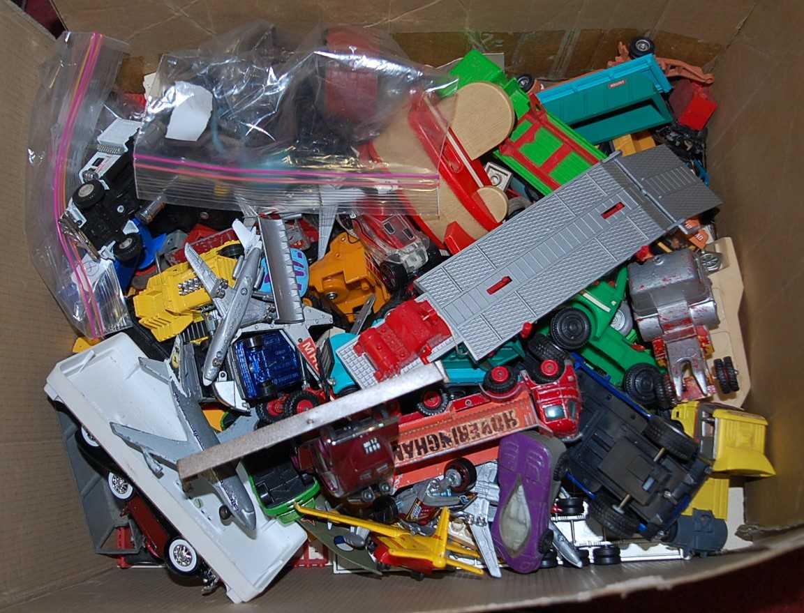 Two boxes of mixed playworn diecast to include Corgi Matchbox and others, and a box of Oxford