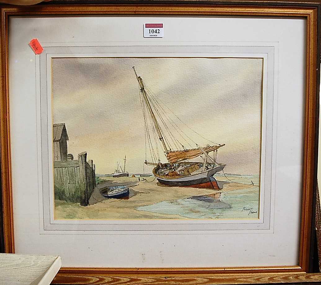 Robert Horne - Old Smack at Low Tide, watercolour, signed lower right, 26x34cm