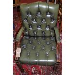 A contemporary mahogany green leather buttoned and further brass studded Gainsborough style open