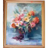 Jane Arcone(?) - Still life with flowers in a glass vase, oil on board, signed lower right, 60 x