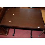 A mahogany topped and black painted cast iron based pub table, w.90cm