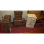 A white painted four drawer table-top chest; together with fruit boxes etc