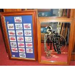 A framed display of collectors' cards for fire engines, together with an advertising mirror for