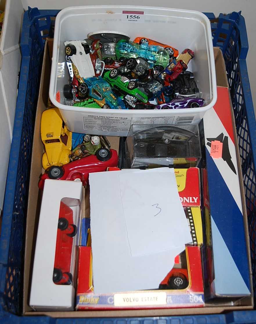 A box of mixed diecast to include Corgi standard Vanguard, Corgi Ferrari F1 car, Dinky Volvo estate,