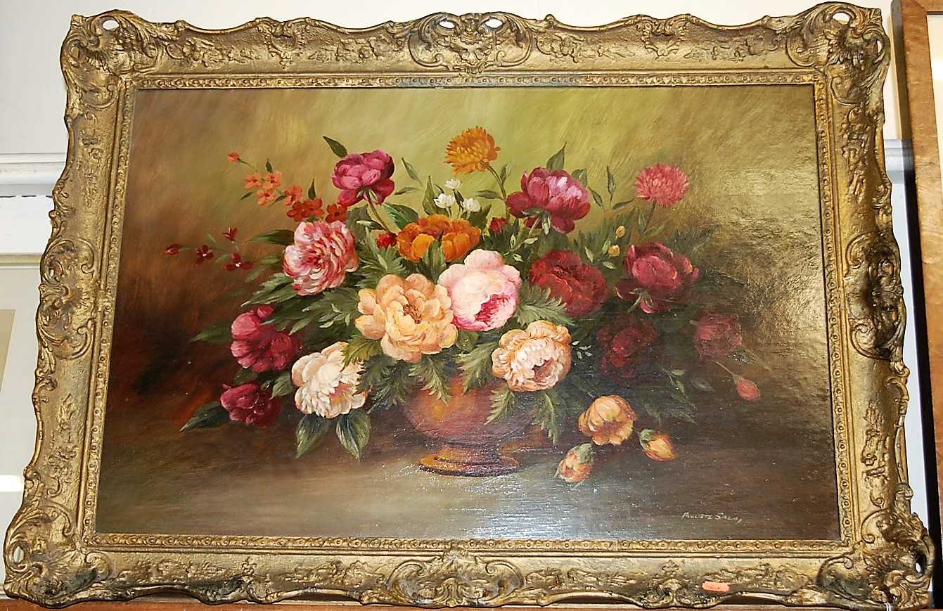 Auguste Sala - Still life roses in a bowl, oil on board, signed lower right, 50 x 75cm