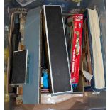 One box containing Airfix 1/72 Supermarine Spitfire plastic kit, Hornby 00 Trains catalogue,