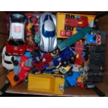 Two boxes of mixed diecast to include Optimus Prime Transformer, Modern RC car, etc