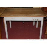 A pine and part grey painted single drawer kitchen table, width 122cm