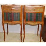 A pair of French transitional style walnut and inlaid bedside tables, each having single upper