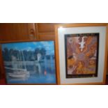A modern needlework study, Aboriginal artwork, Monet print, and a framed silkwork (4)