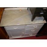 A Victorian white painted pine and marble topped ledgeback side cupboard, fitted with four drawers