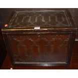 An early 20th century stained wood and pressed canvas inset hinged table top workbox, width 44cm