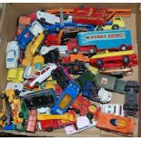 Four boxes of mixed toys to include Corgi Juniors, Matchbox Superkings, Triang Cranes, modern