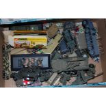 A box of mixed military vehicles to include Dinky toys tank destroyer, Corgi tank and various