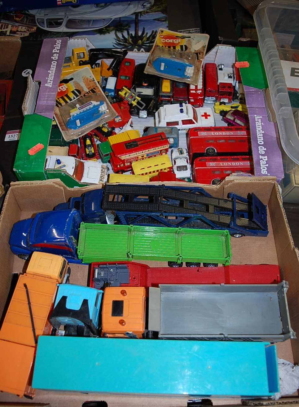 Four boxes of various diecast to include modern issue transit, various Corgi, Matchbox, and other