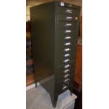 A mid-20th century green painted industrial steel 15 drawer narrow document chest by Stor, width