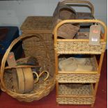 Assorted cane furniture, small trugs, pair Dutch clogs, etc