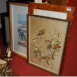 Assorted reproduction prints, silkwork depicting birds upon fruiting branches, woolwork portrait