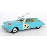 A Corgi Toys No. 323 Citroen DS 19 Monte Carlo race car, comprising of light blue body with white