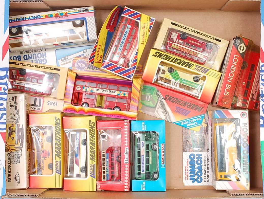 Two boxes containing a large quantity of mixed modern release diecast public transport buses, to - Image 2 of 2
