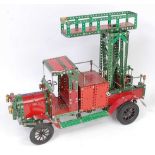 A Meccano home-built model of mainly 1950s red and green components, vintage tower wagon, with