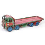 A Meccano home-built model of a Foden 8-wheel diesel flatbed wagon, constructed from mainly red,