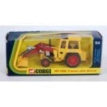 A Corgi Toys No. 54 MF50B tractor with shovel comprising yellow body with red plastic hubs and