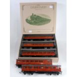 Darstaed set of 5 London Transport bogie coaches, teak nos. 502, 496, 504, 497 and 431, some