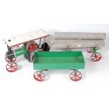 Mamod Live Steam group, to include TE1A Traction Engine, Open Trailer and Log Trailer with Load,