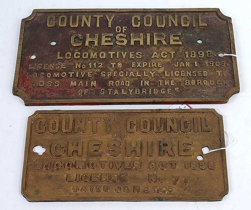 A cast brass license plate County Council of Cheshire for locomotive to cross main road in borough