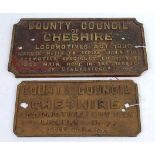 A cast brass license plate County Council of Cheshire for locomotive to cross main road in borough