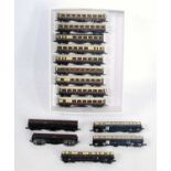 Small tray containing 14 N gauge coaches by Bachmann and Farish including 10 GWR brown/cream/LMS